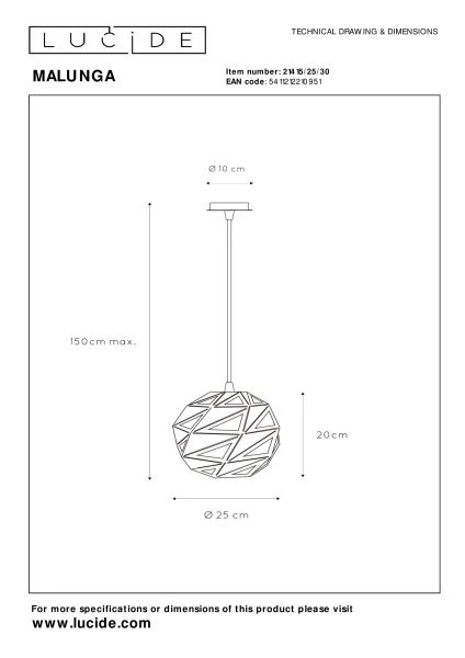 Lucide MALUNGA - Hanglamp - Ø 25 cm - 1xE27 - Zwart - technisch